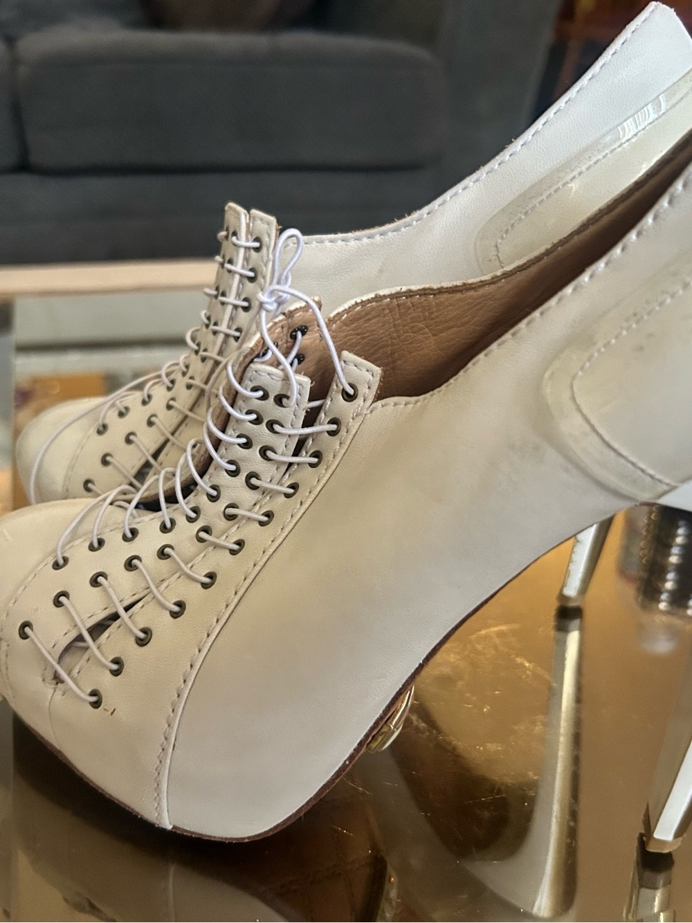 L.A.M.B Cream Lace-Up High Heel Oxford Pumps 8.5